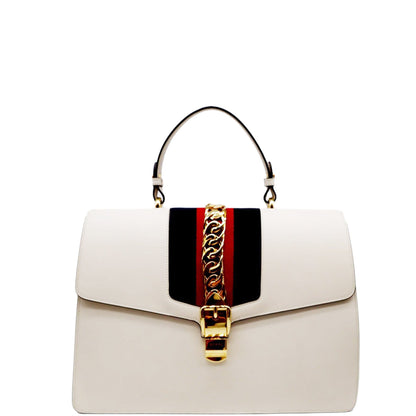 GUCCI Maxi Sylvie Calfskin Leather Top Handle Shoulder Bag White 477631