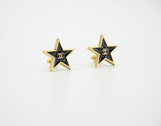 Chanel Vintage 01P Metal Black Star Shape CC Clip-on Earrings