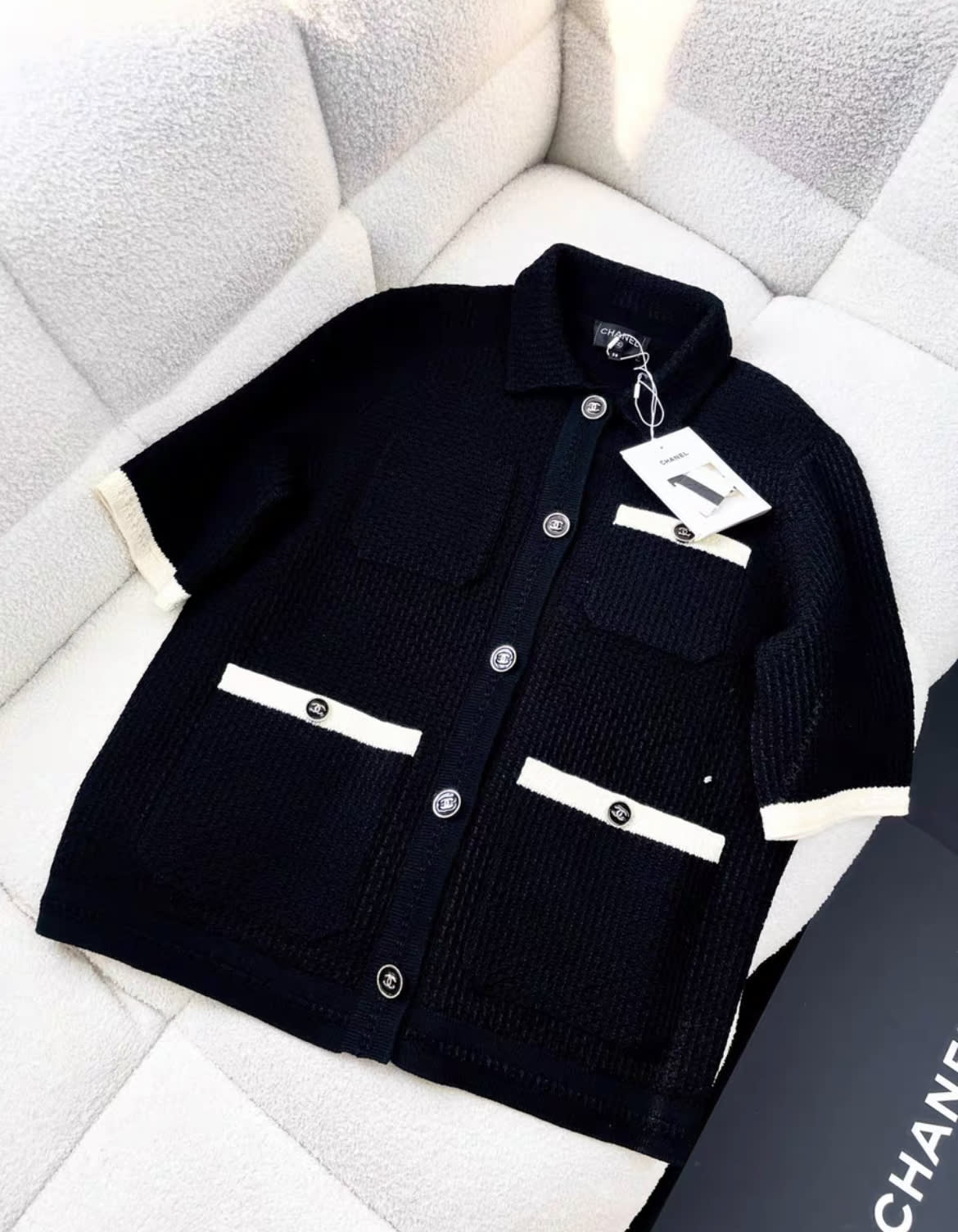 Chanel 24P black white edge knitted cardigan