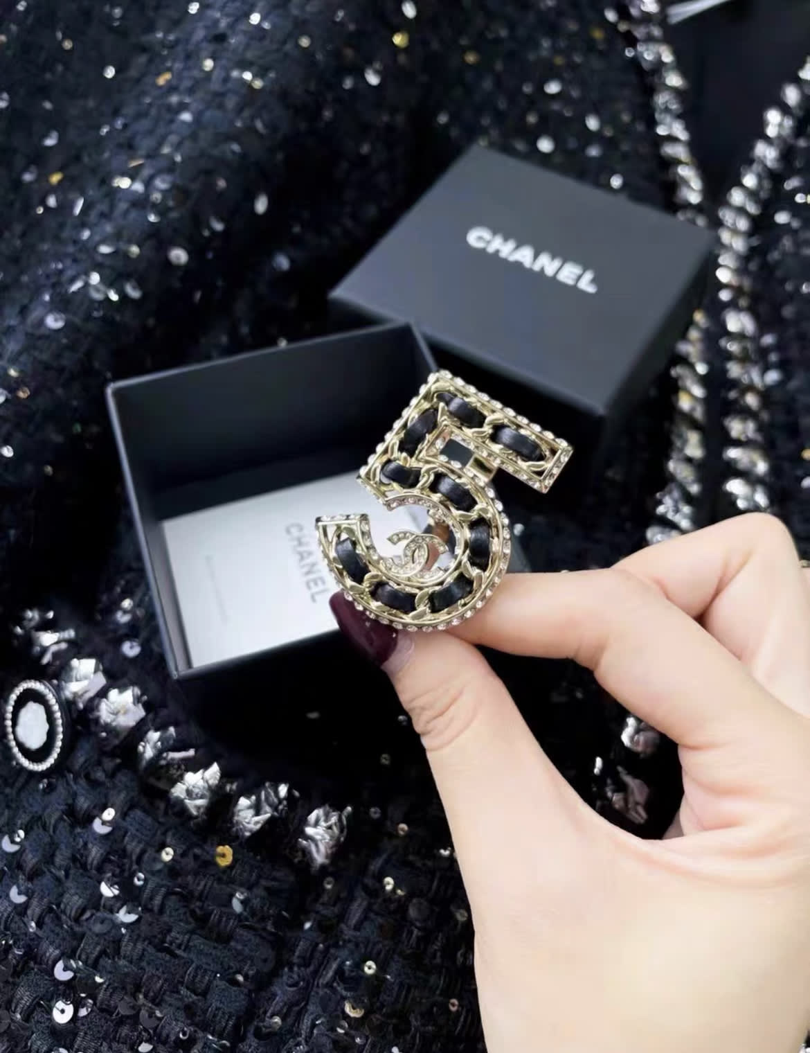 Chanel leather and metal number 5 ring