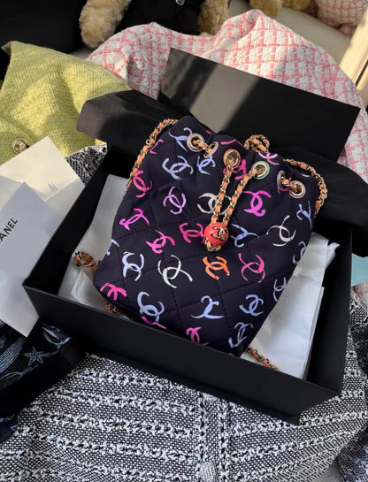 Chanel 24SS BACKPACK Printed Fabric & Gold-Tone Metal Black & Multicolor