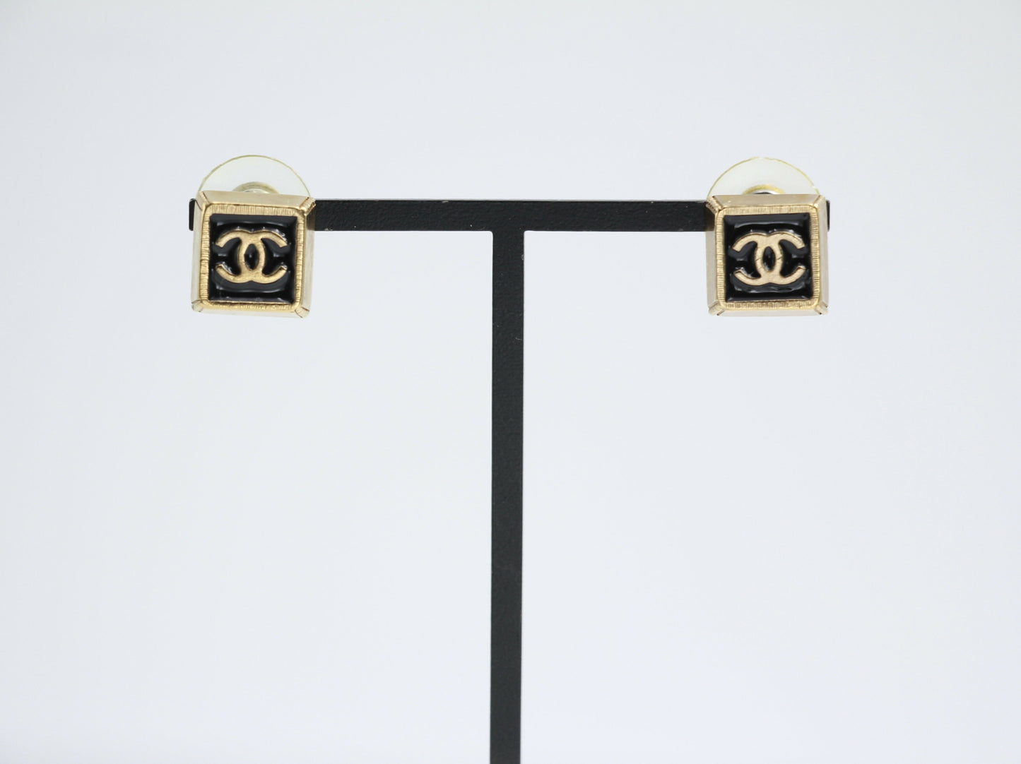 Chanel Vintage 03P Metal Square Black Stud Earrings