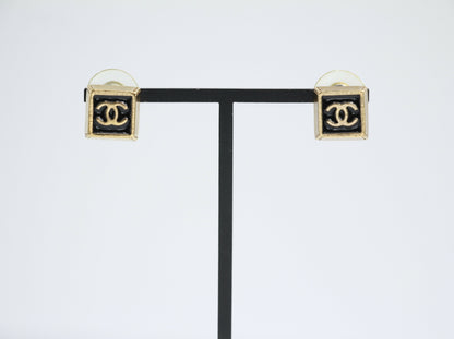 Chanel Vintage 03P Metal Square Black Stud Earrings