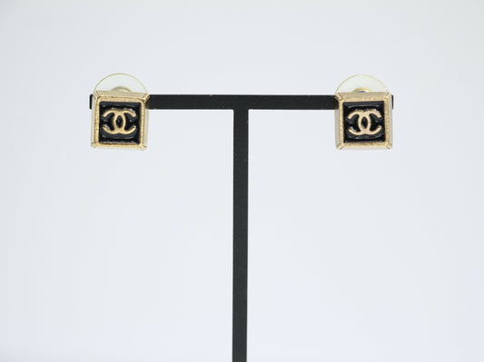 Chanel Vintage 03P Metal Square Black Stud Earrings
