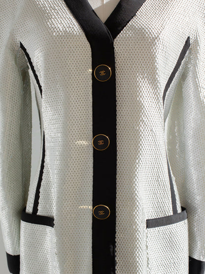 Chanel Vintage S/S 1991 Collector White Black Sequin CC Scuba Jacket