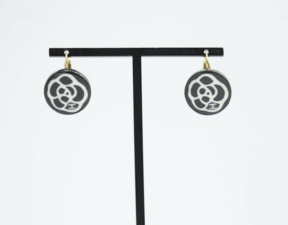 Chanel Vintage 03P Resin Black and White Camellia Button Hoop Earrings