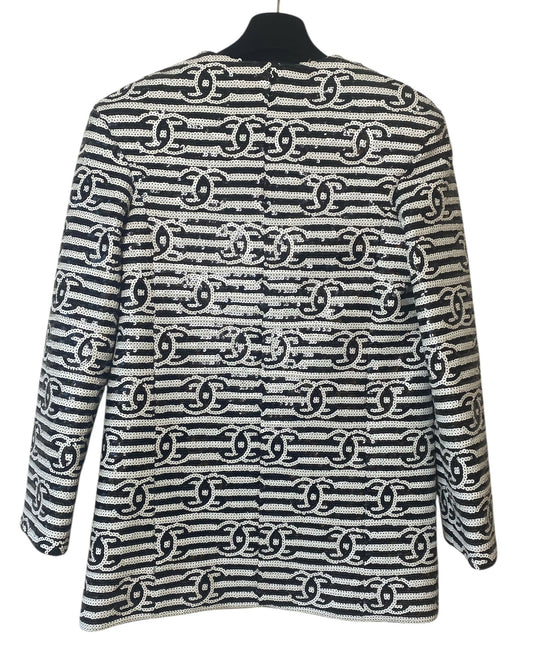 Chanel 22S Runway Sequin CC Logo Black and White Jacket FR 40