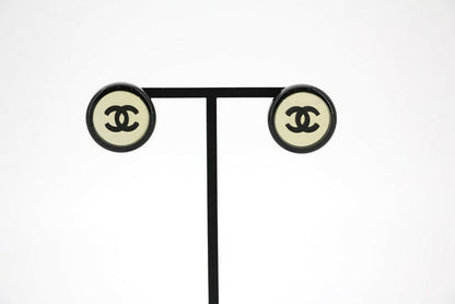 Chanel Vintage 01P Resin Black Hoop Mirror Clip-on Earrings