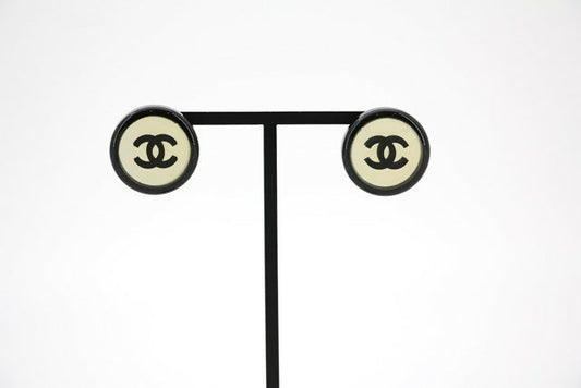 Chanel Vintage 01P Resin Black Hoop Mirror Clip-on Earrings