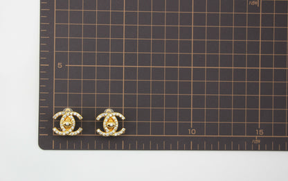 Chanel Vintage 96A Rhinestone & Gold-plated Backpack Buckle CC Clip-on Earrings