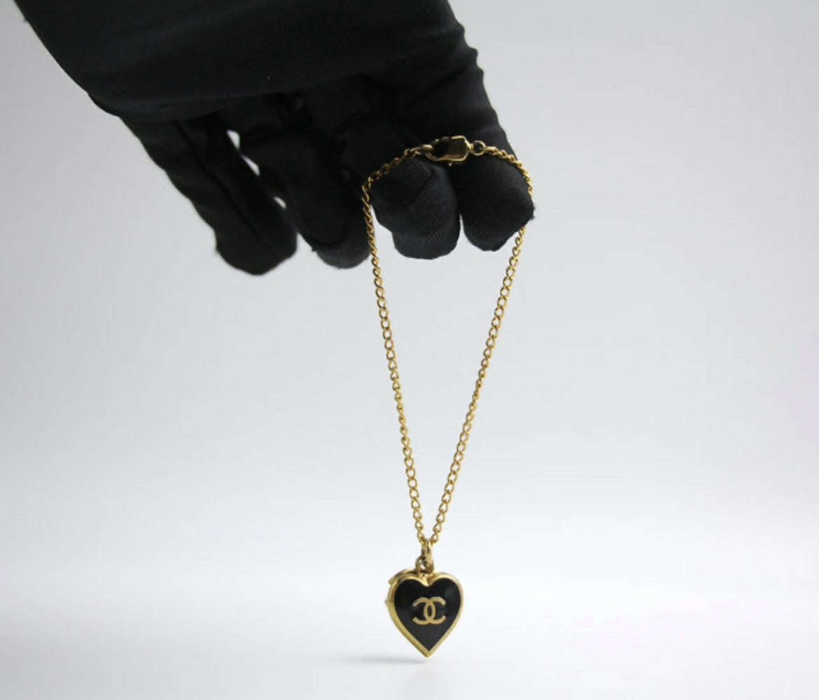 Chanel Vintage 02P Enamel Black Heart CC Bracelet