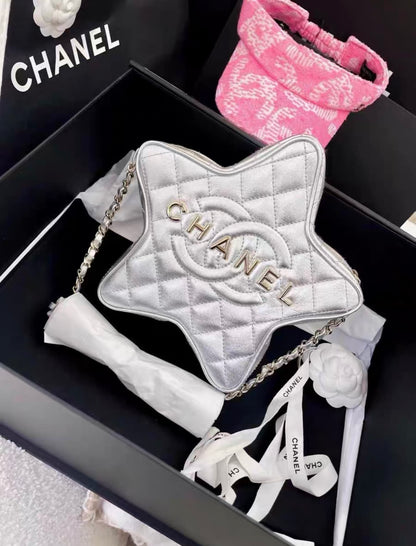 24C Chanel Silver Metallic Lambskin  STAR Logo Runway Bag NWT