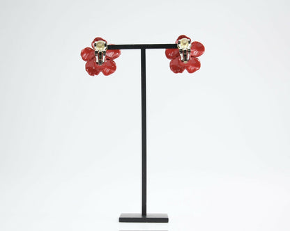 Chanel Vintage 04P Resin Red Layered Flower Clip-on Earrings