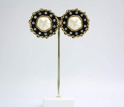 Chanel Vintage 1988 Leather Chain & Rhinestone Clip-on Round Earrings