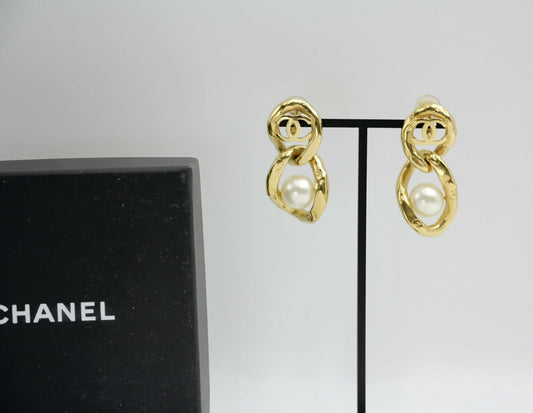 Chanel L20C Imitation Pearl Figure Eight Two-Buckle Lock Earrings