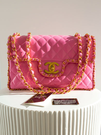Chanel Vintage S/S1995 Barbie Pink 24K Gold Chain Around Patent Lambskin Jumbo XL 95P Bag
