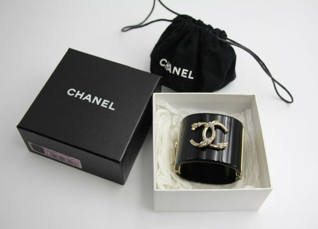 Chanel 13C Metal Resin Black Flower Bracelet Cuff