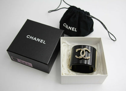 Chanel 13C Metal Resin Black Flower Bracelet Cuff