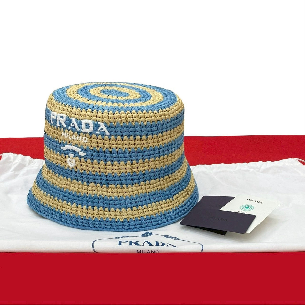 Prada Logo Raffia Bucket Hat
