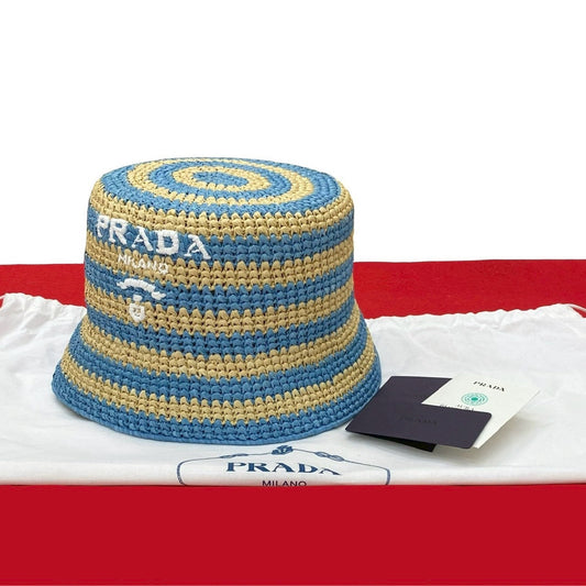 Prada Logo Raffia Bucket Hat
