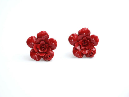 Chanel Vintage 04P Resin Red Layered Flower Clip-on Earrings