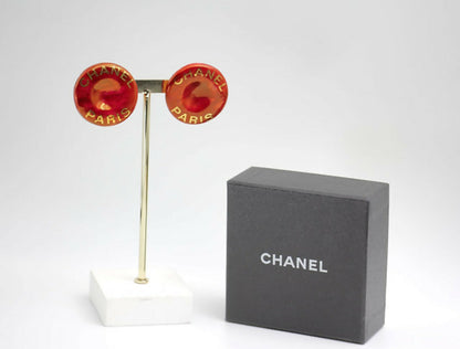 Chanel Vintage 97P Resin Big Red ‘CHANEL’ Round Gold-plated Clip-on Earrings