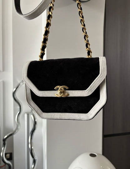Chanel Seasonal Flap Bag, Black and White Velvet with Gold Hardware