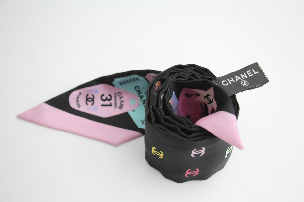 CHANEL 100% Slim Silk Scarf Bandeau Twilly CC Mark Scarf in Multicolour