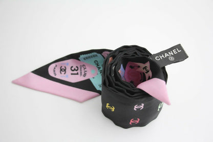 CHANEL 100% Slim Silk Scarf Bandeau Twilly CC Mark Scarf in Multicolour