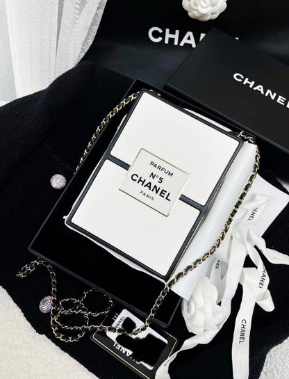 CHANEL 21SS A LIMITED EDITION WHITE & BLACK LEATHER CHANEL NO. 5 PARFUM BOX CLUTCH