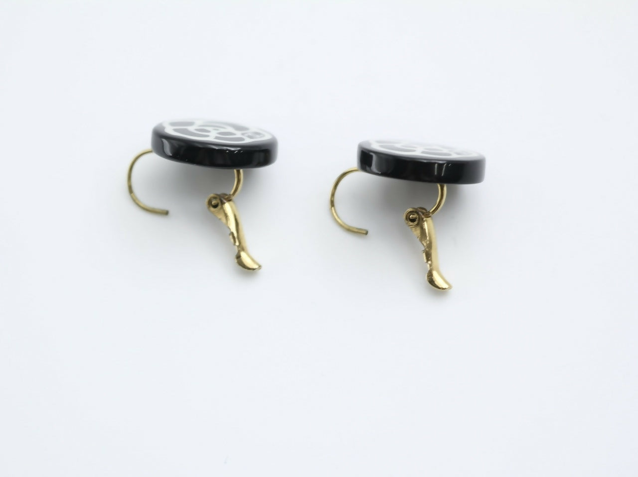 Chanel Vintage 03P Resin Black and White Camellia Button Hoop Earrings