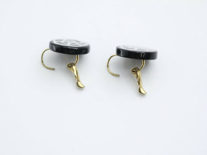 Chanel Vintage 03P Resin Black and White Camellia Button Hoop Earrings