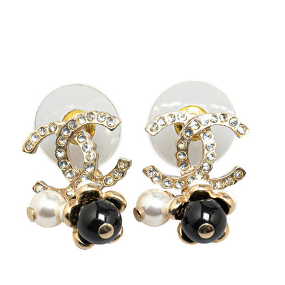 Chanel Gold Plated Coco Mark Rhinestone Flower Motif Earrings A21C