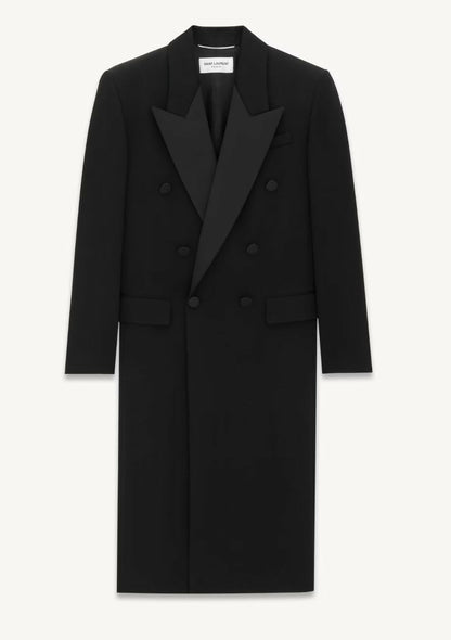 Saint Laurent Black Tuxedo Coat In Grain De Poudre + Saint Laurent YSL Logo Twisted Stripe Texture Brooch