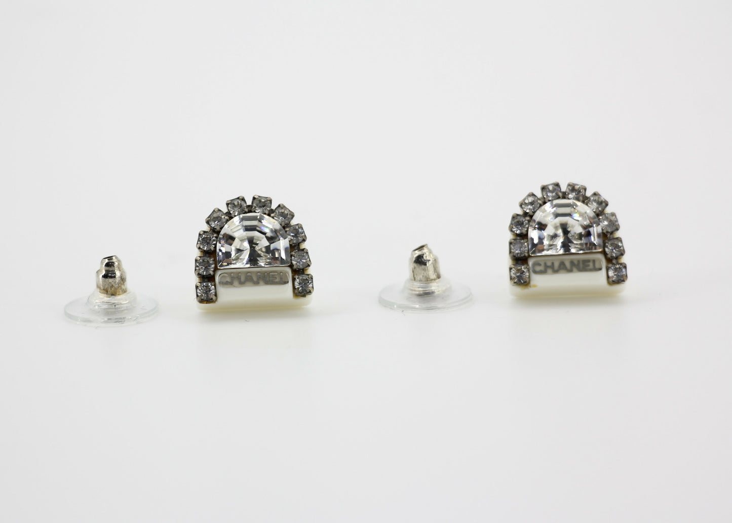 Chanel Vintage 00A Rhinestone White Ring Shape Stud Earrings