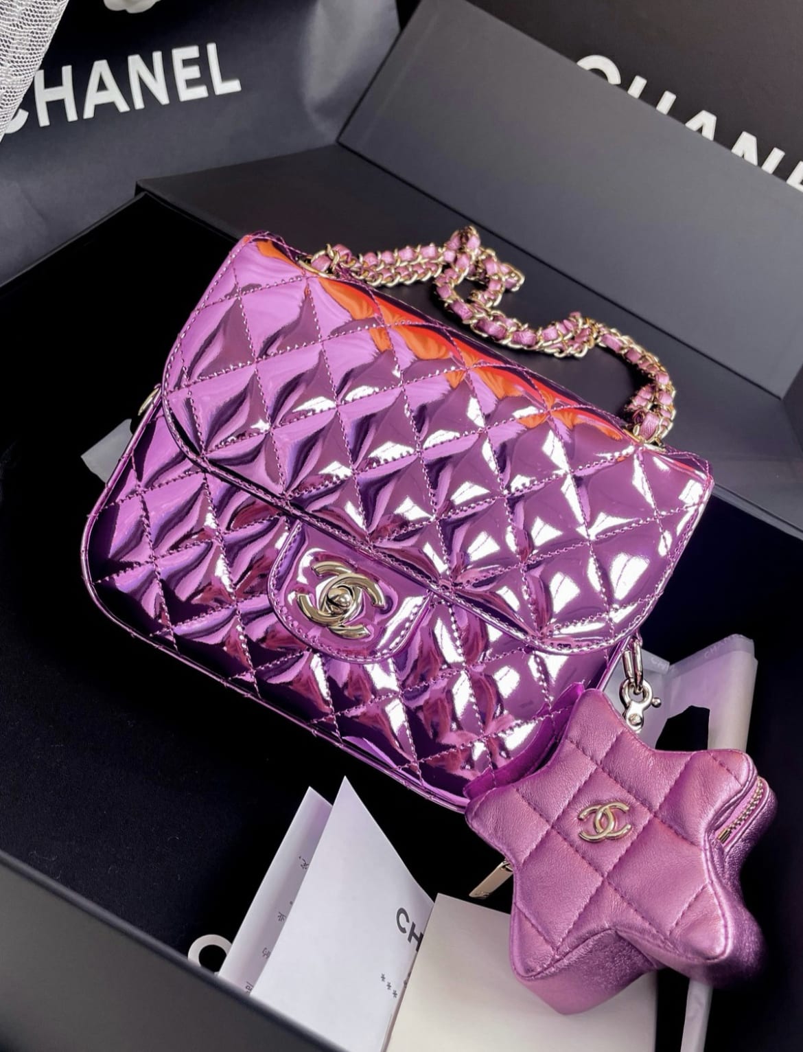 24C Chanel Purple Mirrored metallic Mini Square Flap Bag Star Handbag