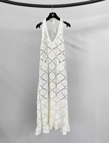 Chanel 23C Runway MONTE CARLO WHITE CROCHET KNIT MACRAME DRESS  38FR