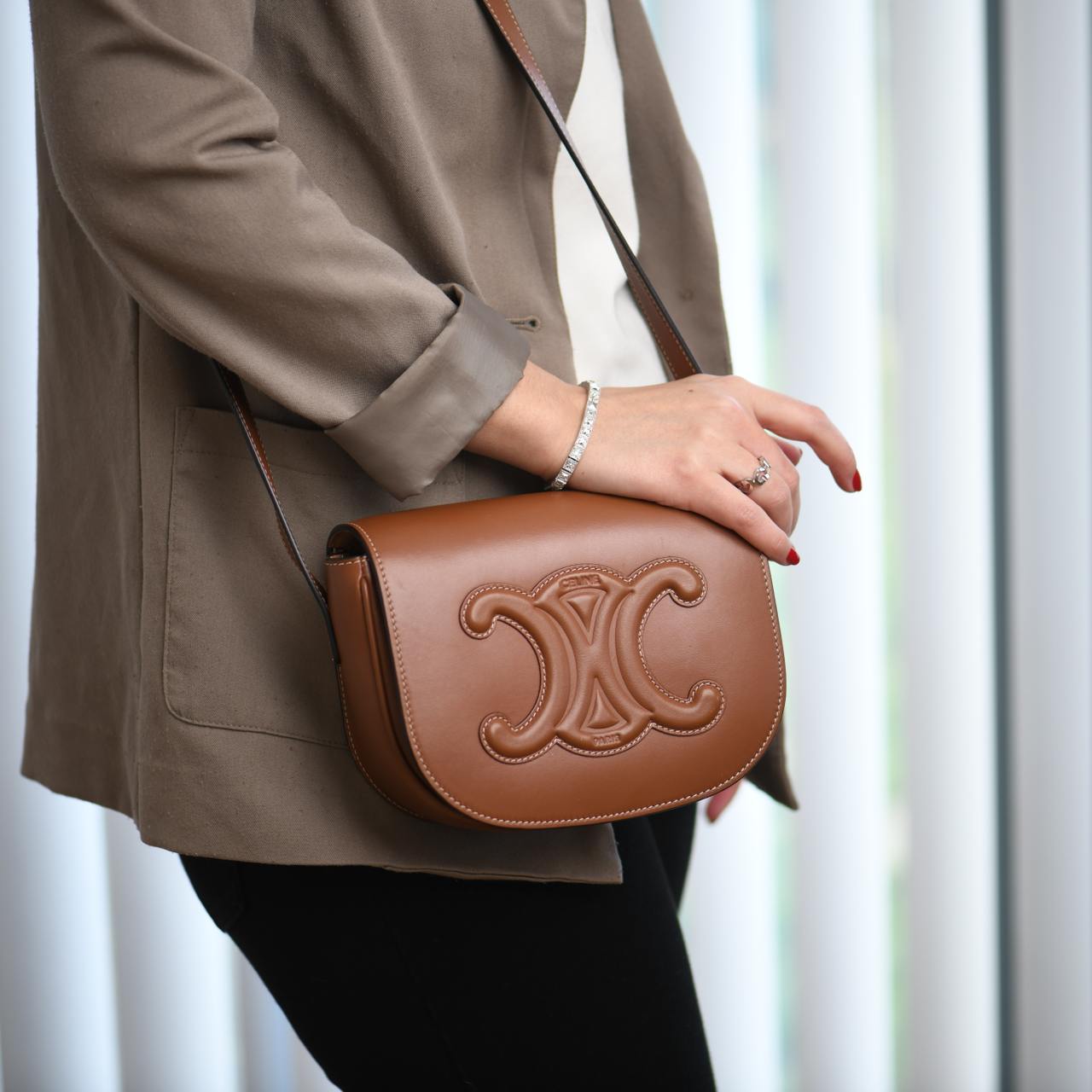 Céline Folco Cuir Triomphe Calfskin Tan Shoulder Bag