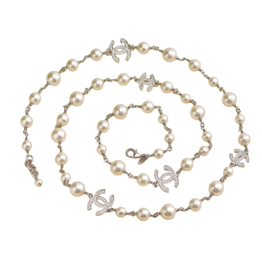 Chanel CC Five Logo Faux Pearl Crystal Gilt Necklace