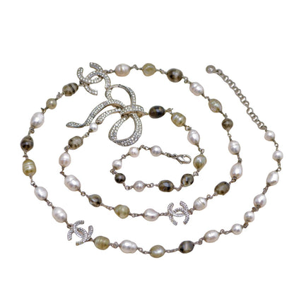 Chanel CC Faux Pearl Crystal Bow Bead Long Necklace