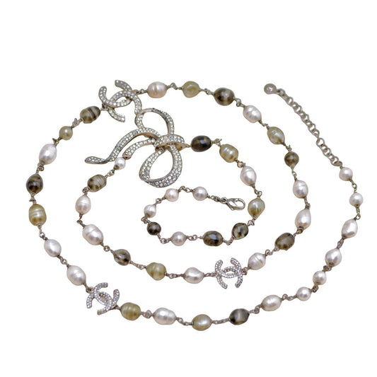 Chanel CC Faux Pearl Crystal Bow Bead Long Necklace