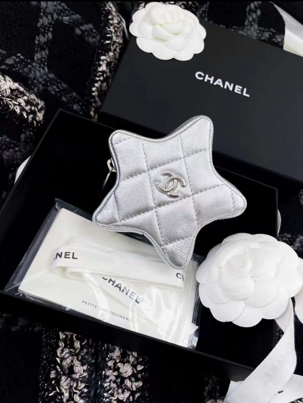 24C Chanel Mini Silver metallic lambskin STAR CC Logo Coin Purse charm