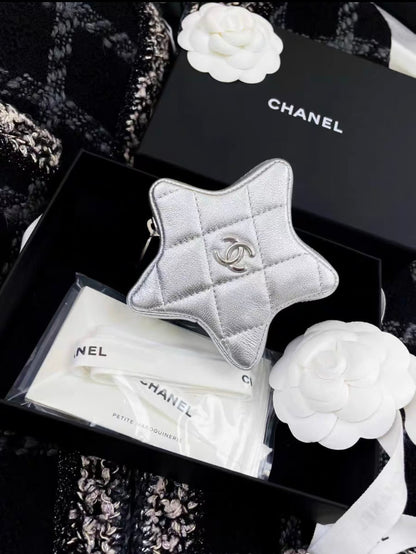 24C Chanel Mini Silver metallic lambskin STAR CC Logo Coin Purse charm