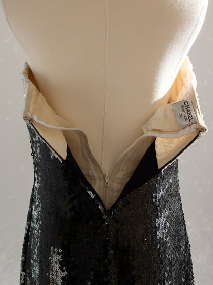 Chanel Vintage S/S 1987 White Black Sequin Embellished Bow Bustier Mini Dress