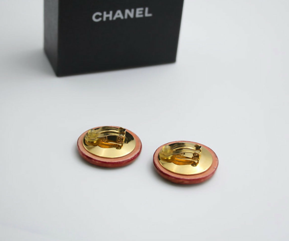 Chanel Vintage 97P Resin Big Red ‘CHANEL’ Round Gold-plated Clip-on Earrings