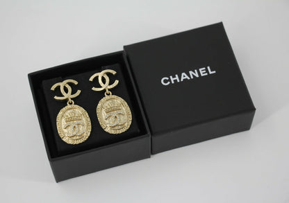 Chanel F21A Rhinestone CC Crown Dangle Stud Earrings
