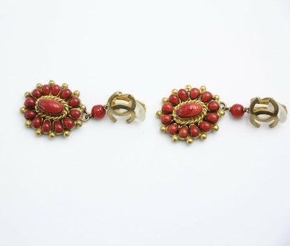 Chanel Vintage 93A Gripoix Gold-plated Red Dangle Clip-on Earrings