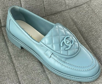 Chanel 23P Baby Blue Leather Quilted CC Turn Lock Loafers EU 41C
