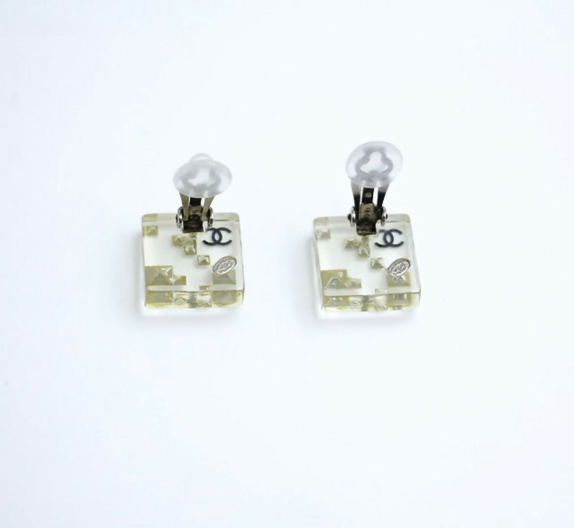 Chanel Vintage 05A Rhinestone Acrylic Transparent Square Earrings
