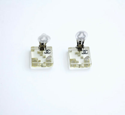 Chanel Vintage 05A Rhinestone Acrylic Transparent Square Earrings